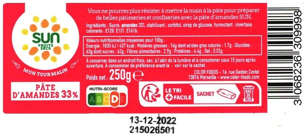 Pâte d'amandes 33 % tricolore