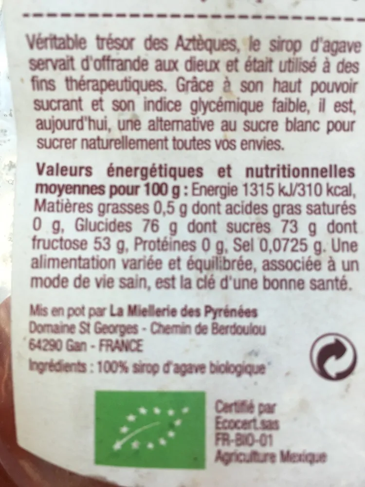 Sirop D'agave Bio