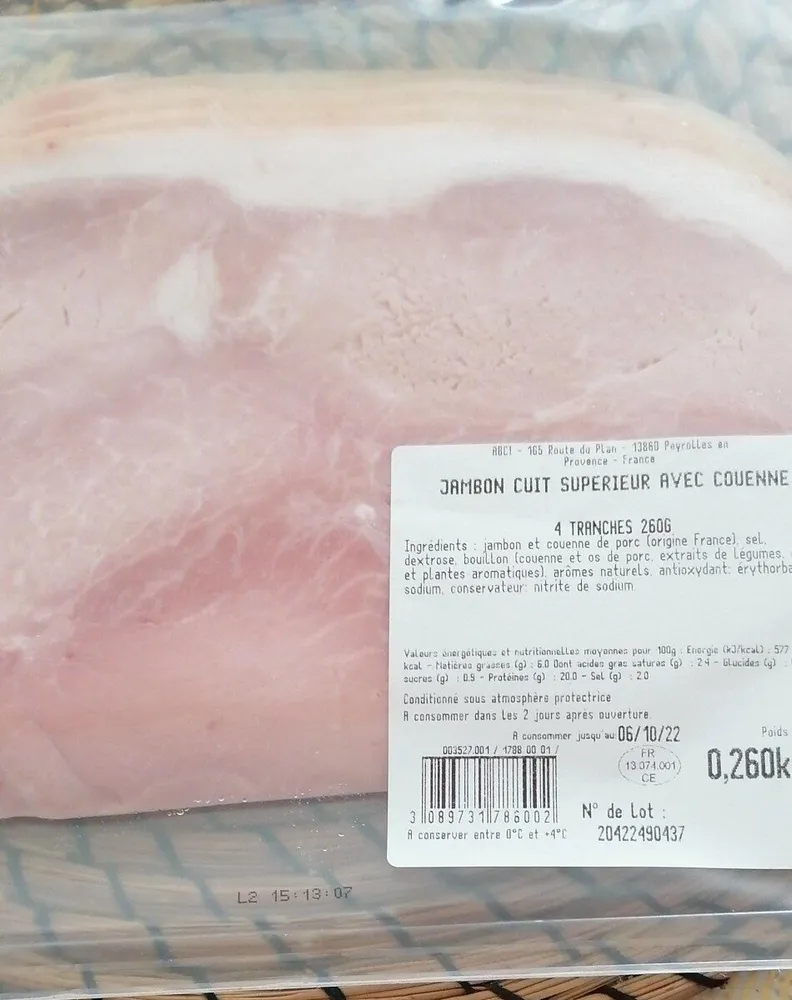 Jambon cuit supérieur avec couenne