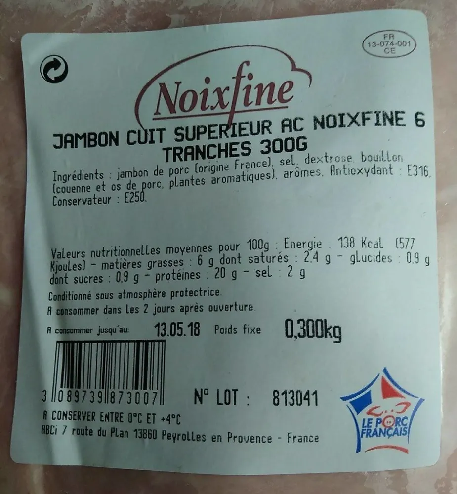 Jambon cuit supérieur Noixfine - 6 tranches - 300g