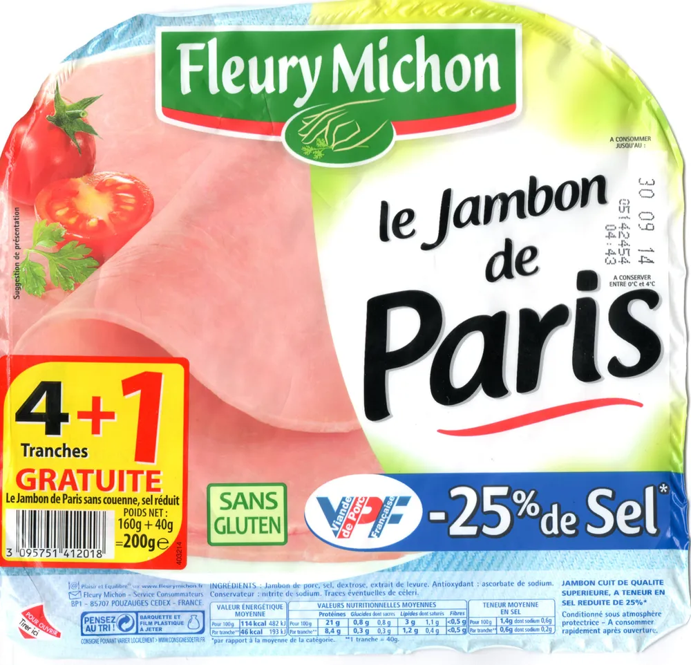 Le Jambon de Paris (- 25 % de Sel) 4 Tranches +1 Gratuite