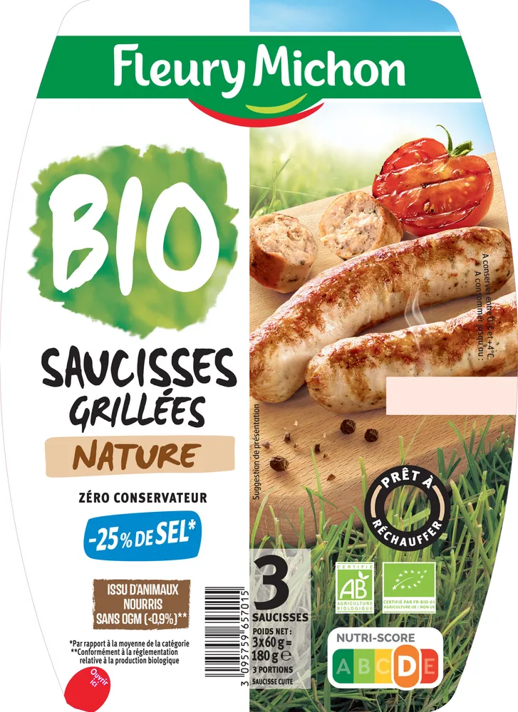 Saucisse grillée nature -BIO -25% de sel*
