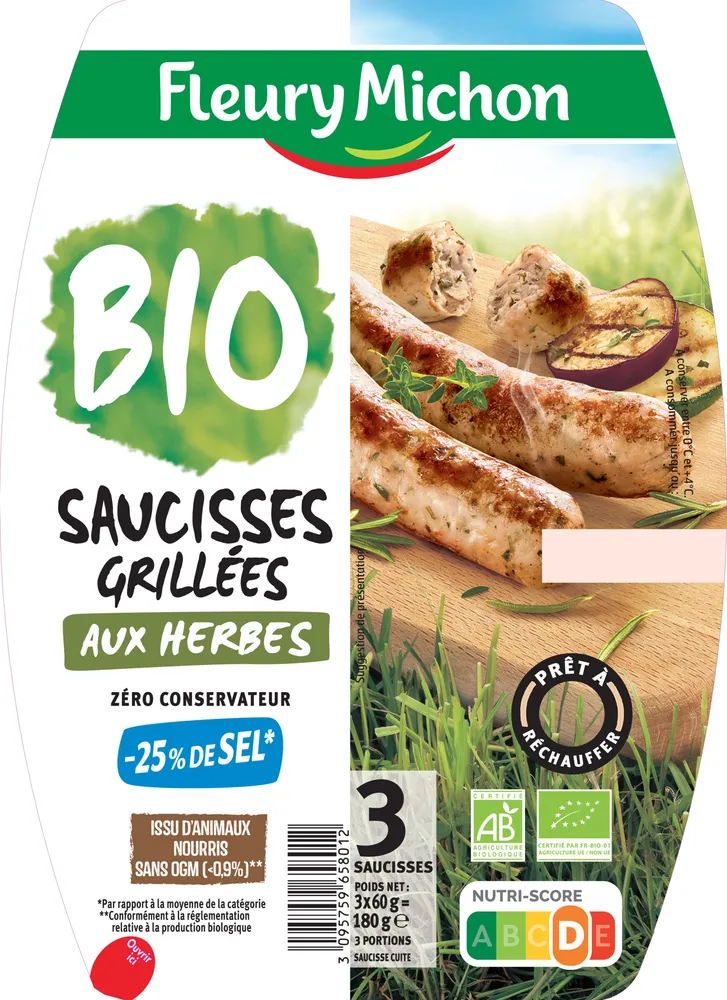 Saucisse grillée aux herbes BIO -25% de sel*