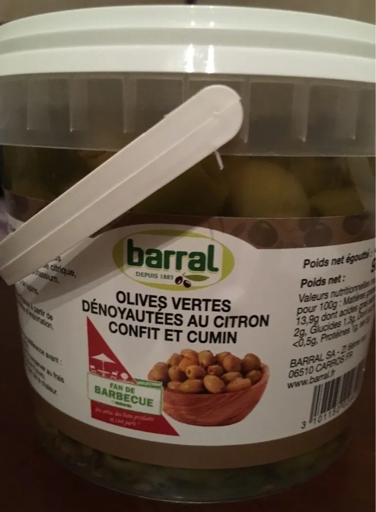 Olives vertes denoyautées au citron confit et cumin