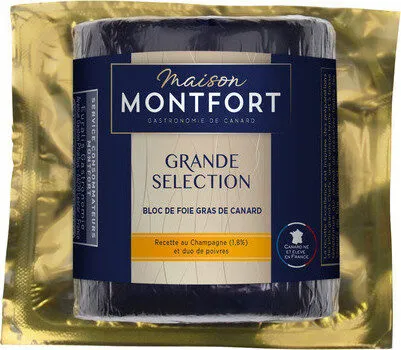 Maison montfort - grande selection bloc de foie gras de canard recette au champagne (1,8%) et duo de poivres s/vide 330g - origine