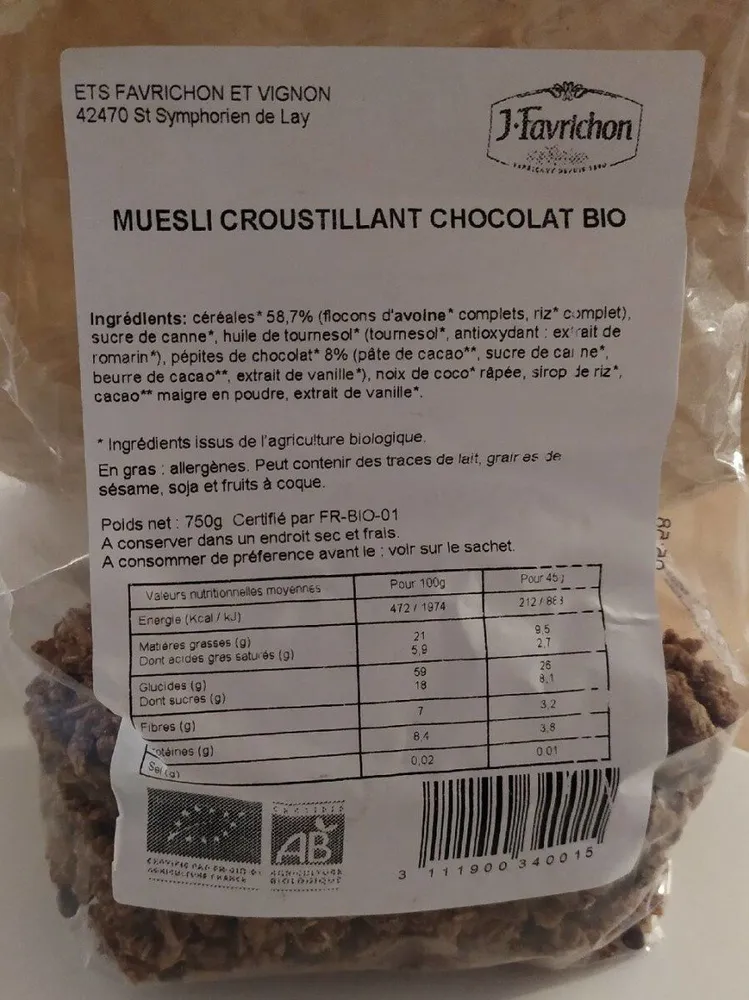 Muesli croustillant choco bio