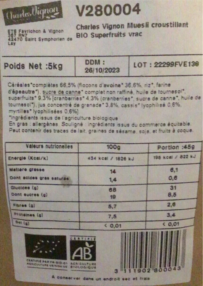 Muesli croutillant bio superfruits vrac