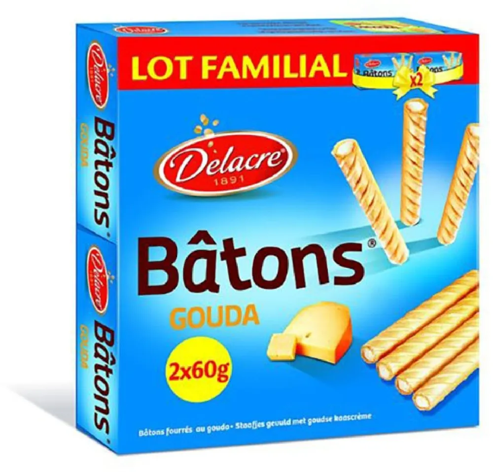 Delacre Bâtons biscuits apéritifs fourrés gouda - 2X60g