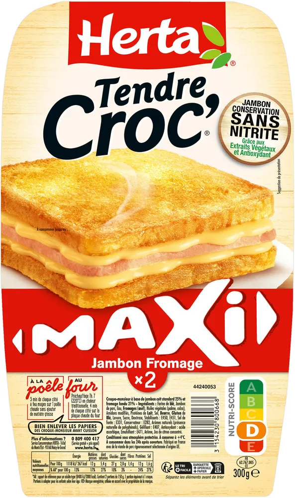 HERTA Croque-Monsieur Maxi Jambon fromage ss nitrite x2 300G