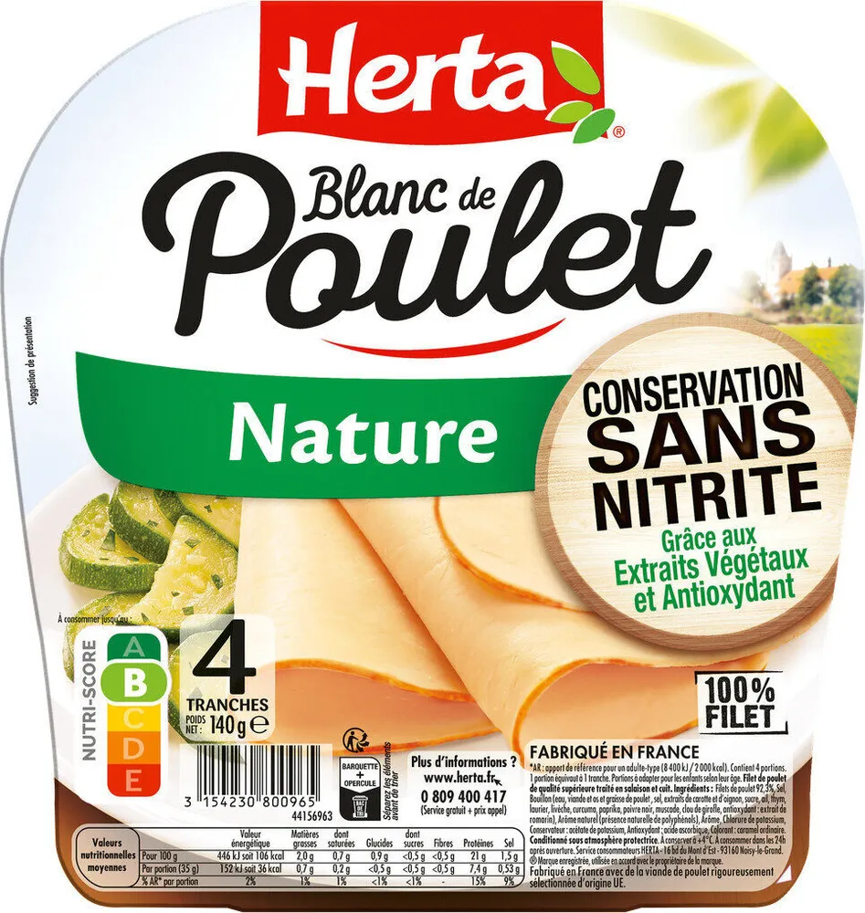 HERTA Blanc Poulet Nature conservation sans nitrite x4 -140g