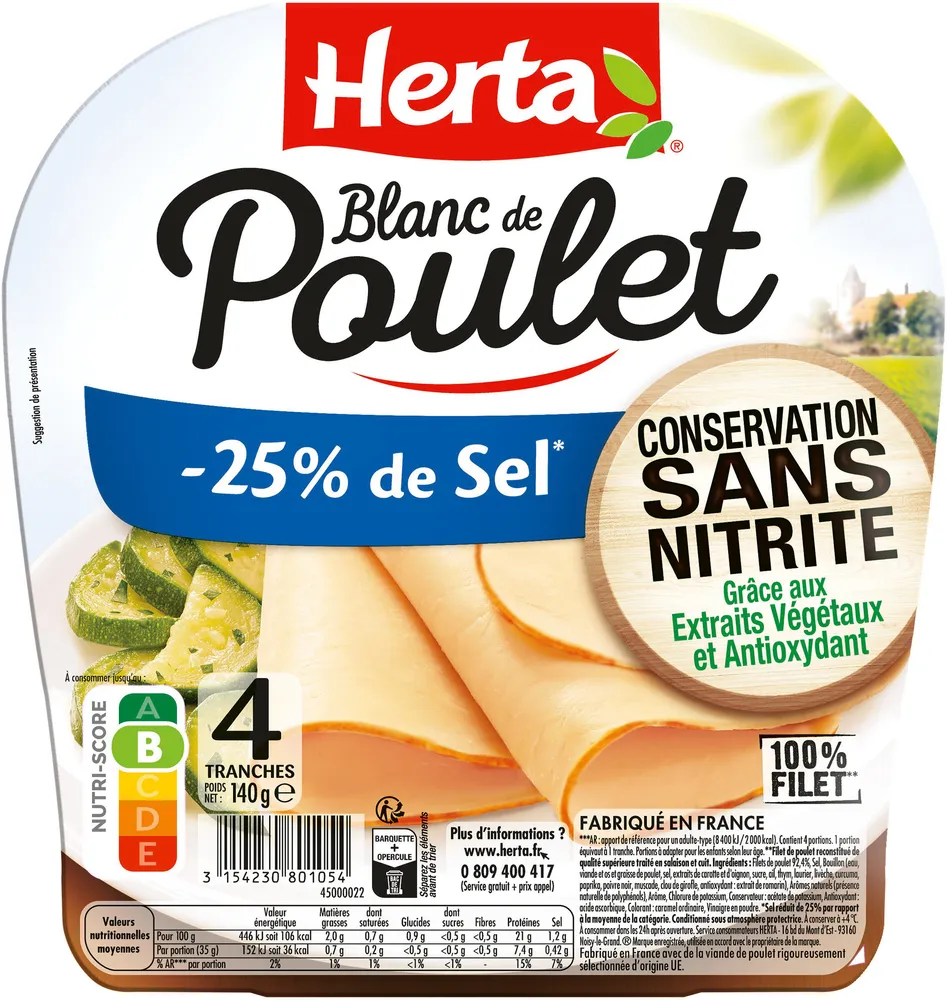 HERTA Blanc Poulet sel réduit sans nitrite x4 140g