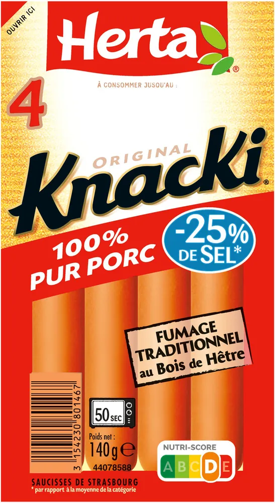 HERTA KNACKI Saucisses 100% pur porc sel réduit x4 - 140g