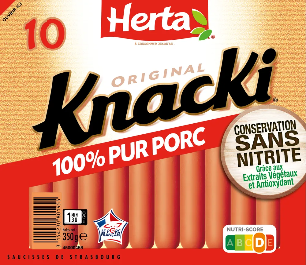 HERTA KNACKI Saucisses 100% pur porc sans nitrite x10 350g
