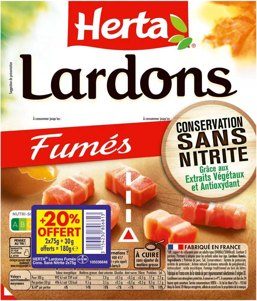 HERTA Lardons Fumés Conservation Sans Nitrite 2x75g+20%OFT