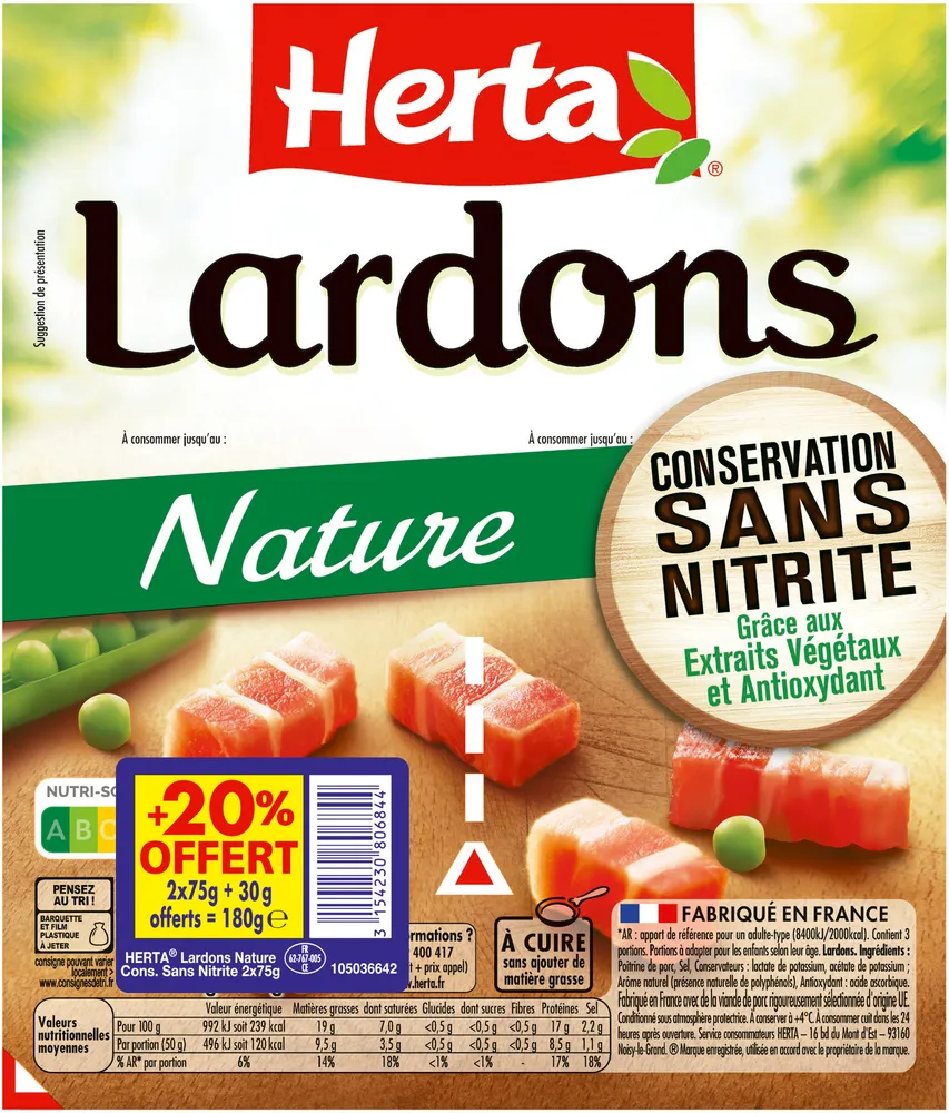 HERTA Lardons Nature Conservation Sans Nitrite 2x75g+20%OFT