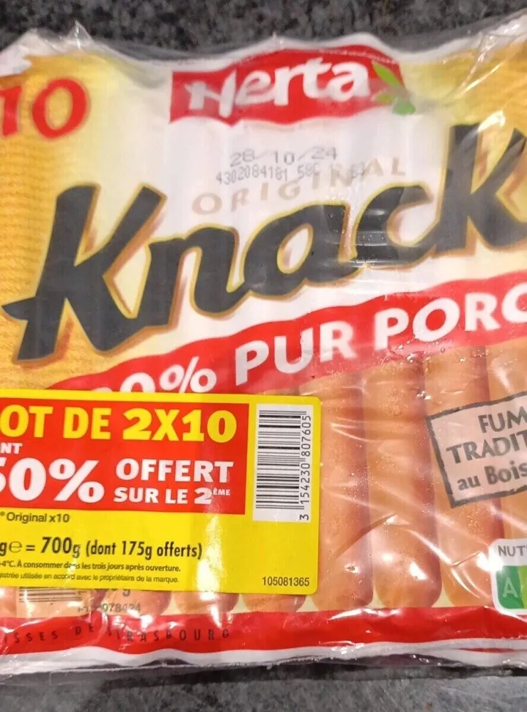 HERTA KNACKI Saucisses pur porc x10 Lot 2 dt 50% OFT sur 2e