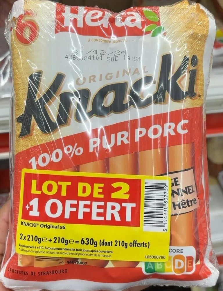 HERTA KNACKI Saucisses 100% pur porc x6 LOT 2+1 OFFERT