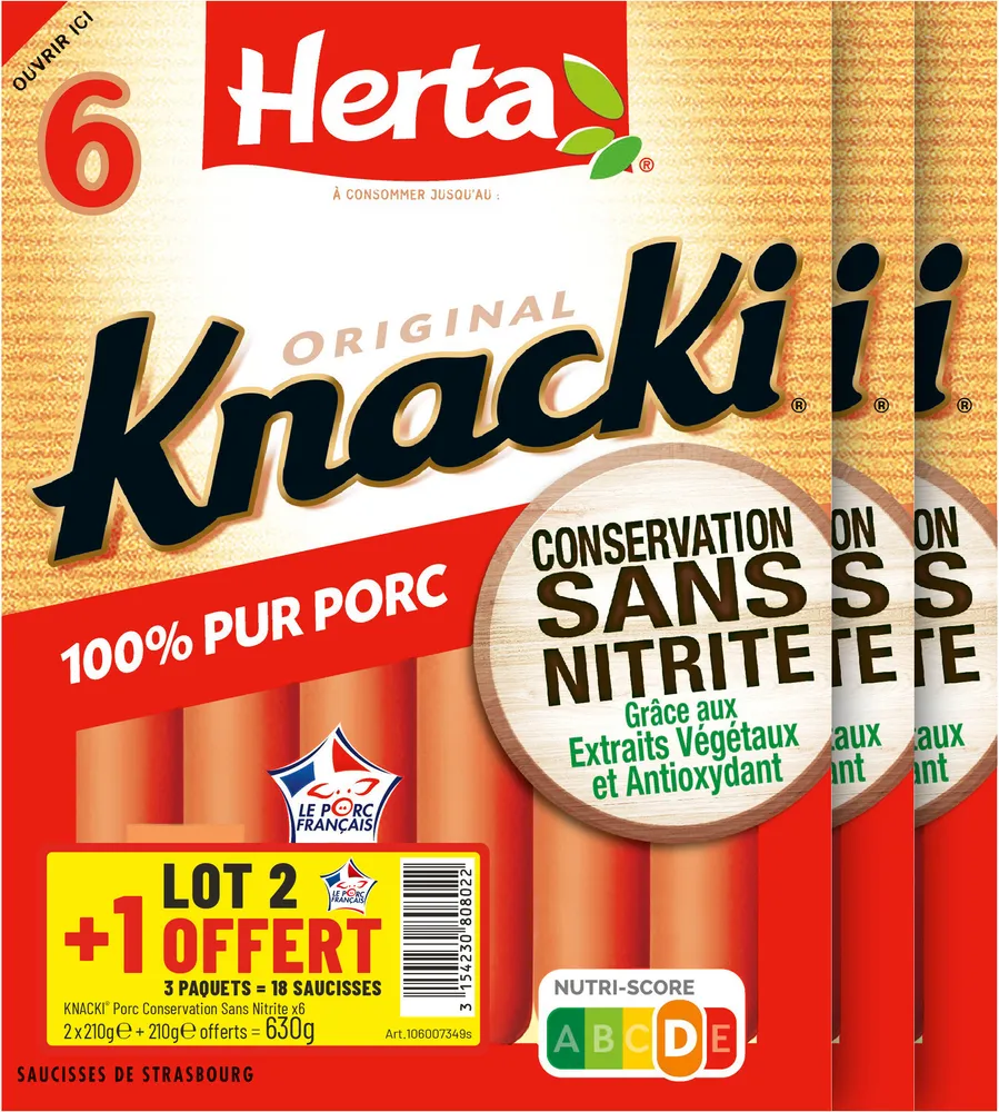 HERTA KNACKI Saucisses 100% pur porc Sans Nitrite x6 LOT 2+1