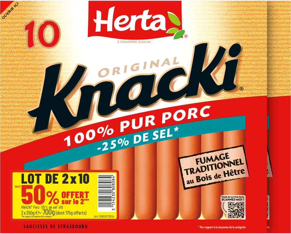 KNACKI Saucises Porc sel réduitx10 LOT 2 dt 50% OFT sur 2e