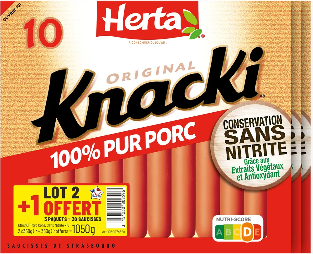 HERTA KNACKI Saucisses 100% pur porc Sans Nitritex10 Lot 2+1