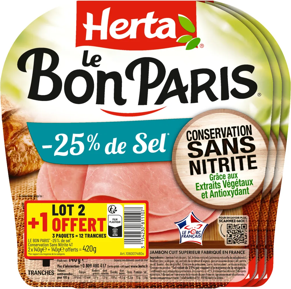 HERTA LE BON PARIS Jambon sel réduit ss nitritex4 LOT 2+1OFT