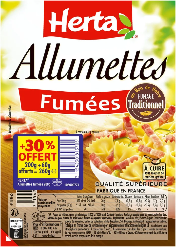 HERTA Allumettes Fumées 200g +30% OFFERT - 260g