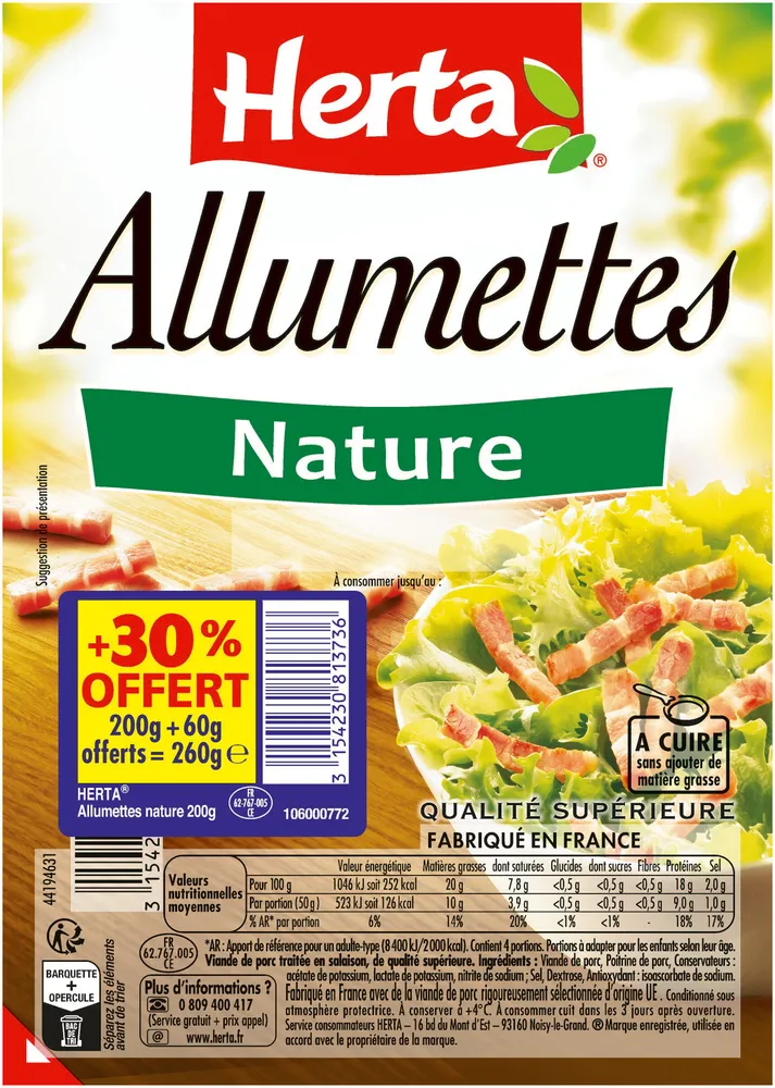 HERTA Allumettes Nature 200g +30% OFFERT