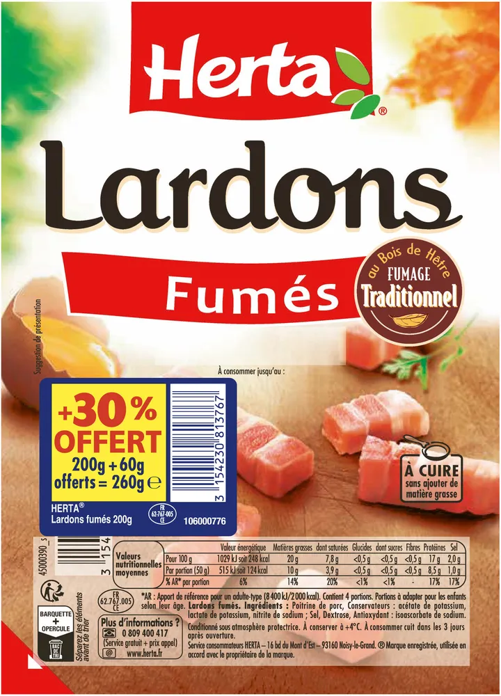 HERTA Lardons Fumées 200g +30% OFFERT -260g