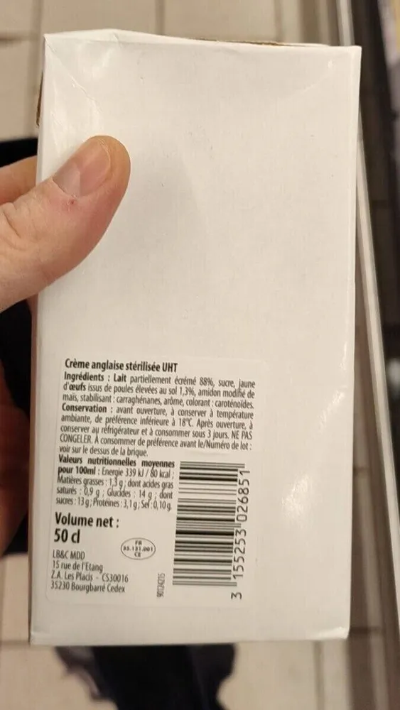 Crème anglaise stérilisée UHT