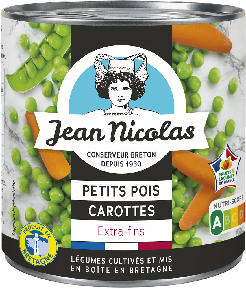 Petits pois extra fins Carottes étuv. Prod.Bretagne Jean Nicolas 265g