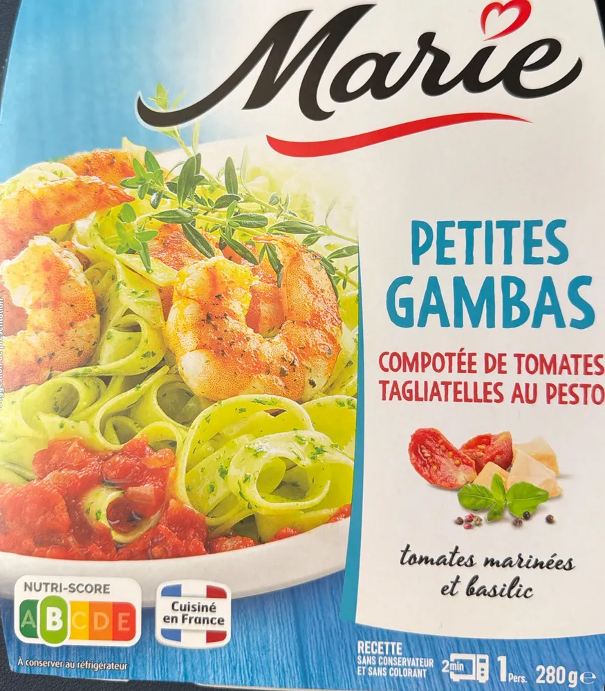Petites gambas compotée de tomates Tagliatelles au pesto