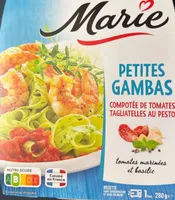 Petites gambas compotée de tomates Tagliatelles au pesto