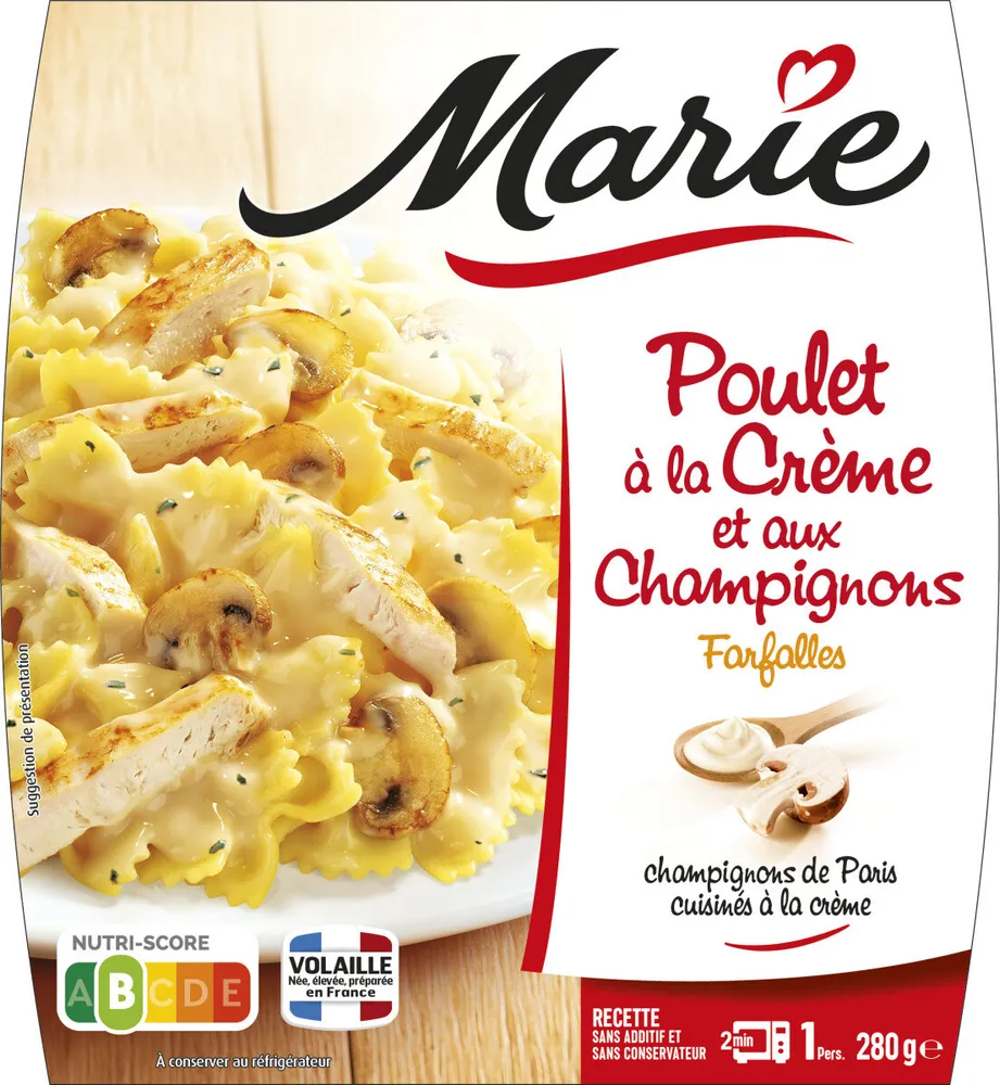 Poulet à la crème et aux champignons, farfalles