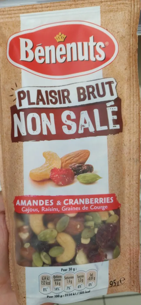 Bénénuts Plaisir brut Amandes & cranberries cajous, raisins, graines de courge