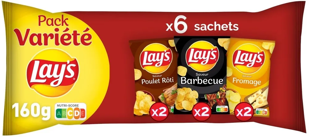 Lay's saveur poulet rôti, barbecue 4 x 27,5 g et emmental 2 x 25 g