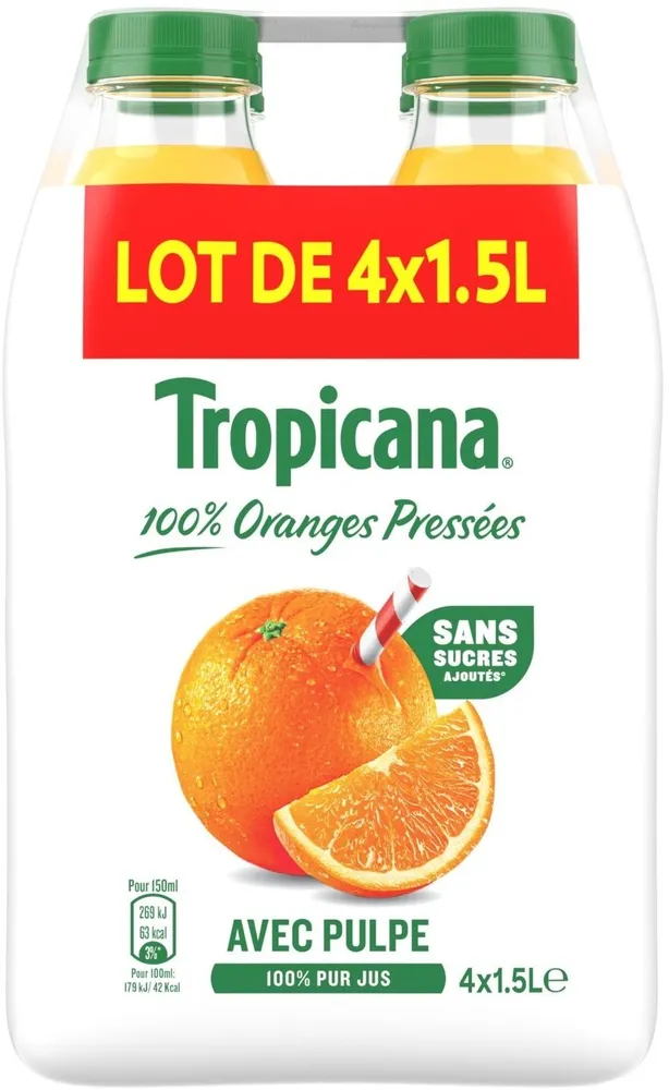 Tropicana 100% oranges pressées avec pulpe lot de 4 x 1,5 L