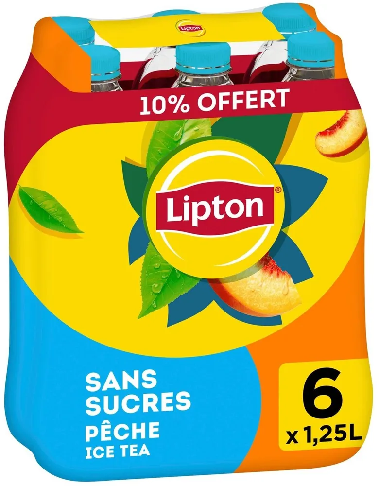 Lipton Ice Tea saveur pêche sans sucres 6 x 1,25 L dont 10% offert