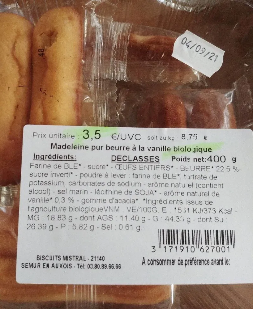 Madeleine pur beurre à la vanille bio