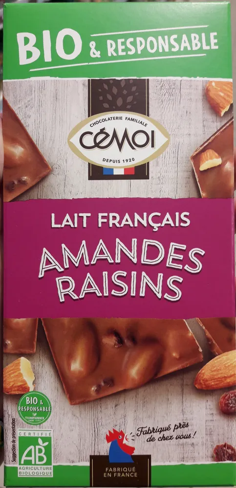 Chocolat lait français Amandes raisins