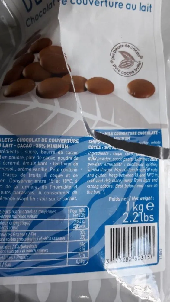 Chocolat De Couverture Au Lait Délicat 35 % En Palets