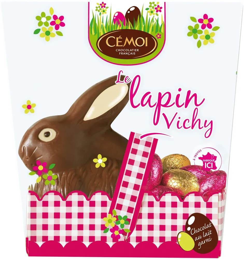 Moulage Lapin Vichy en chocolat au lait garni d'oeufs au praline