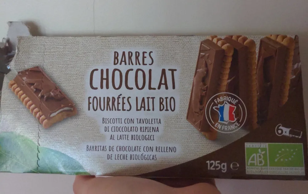 Barres Chocolat fourrées lait Bio