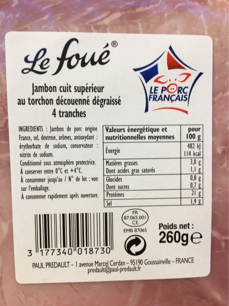 Jambon Cuit Supérieur Découenné Dégraissé