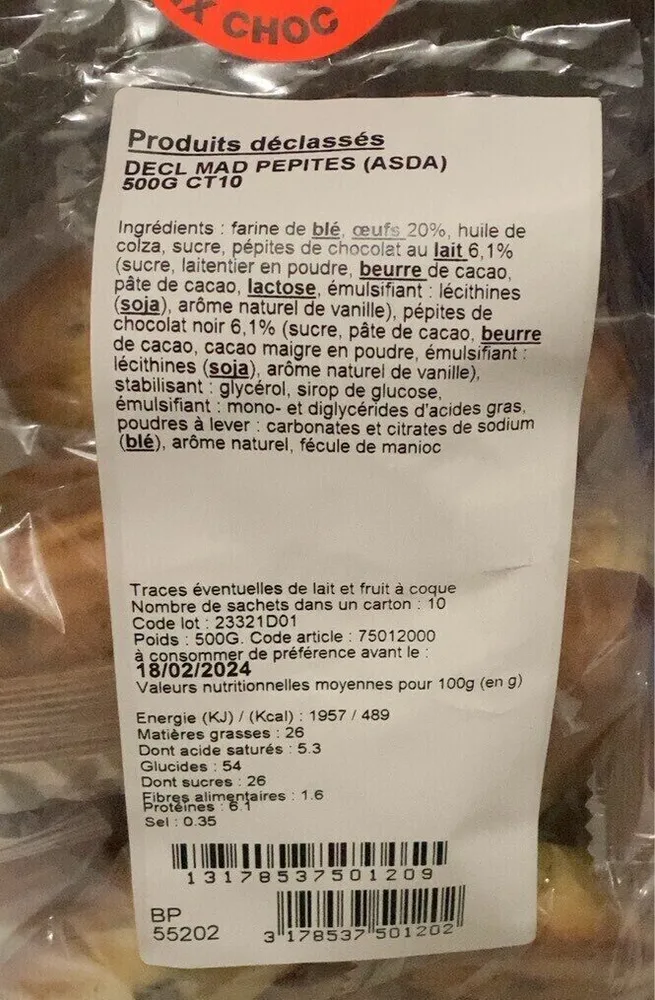Madeleine pepites de chocolat