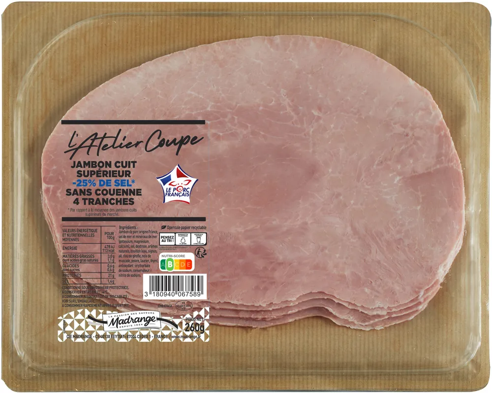Jambon cuit supérieur sans couenne -25% de sel* VPF 4tr