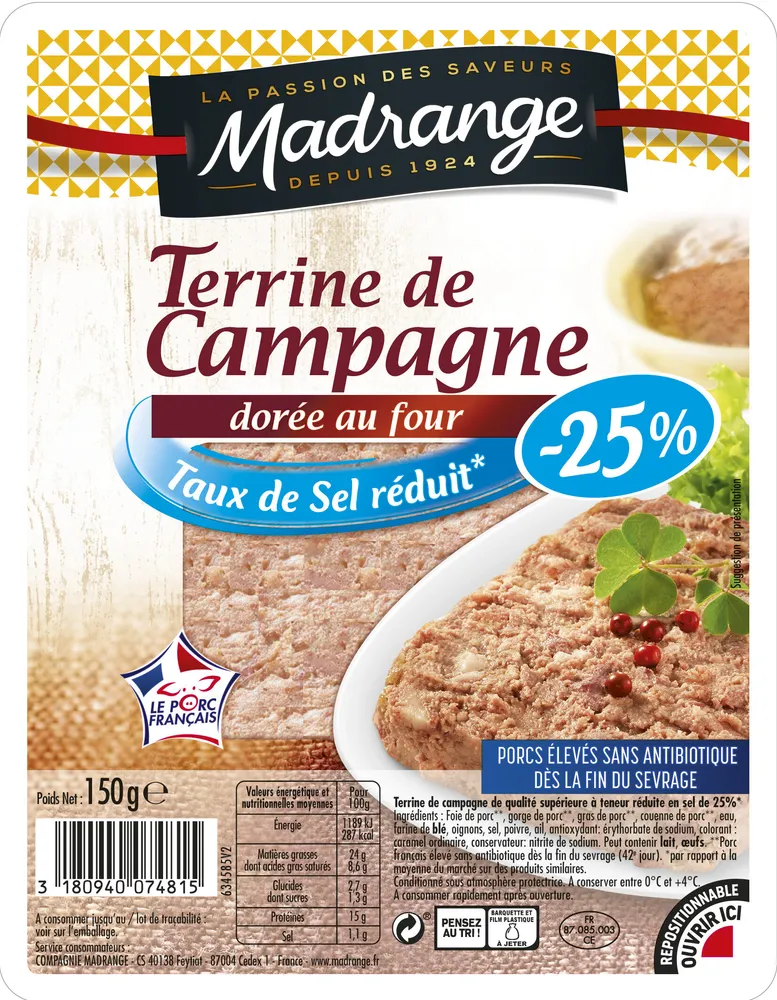 Terrine de Campagne dorée au four taux de sel réduit* (-25%)