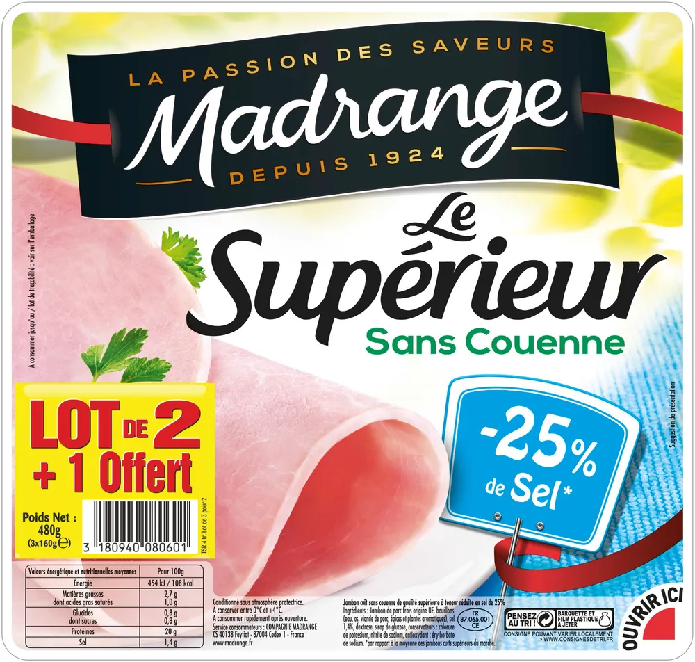 Le supérieur sans couenne -25% de sel - lot 2 + 1 offert