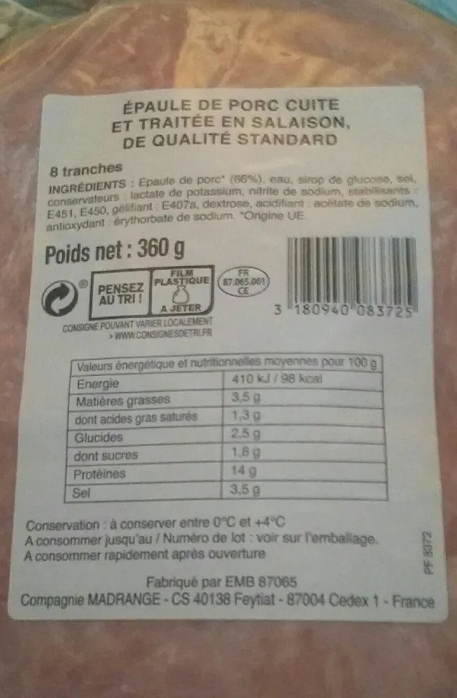 Épaule de porc cuite et traitée en salaison