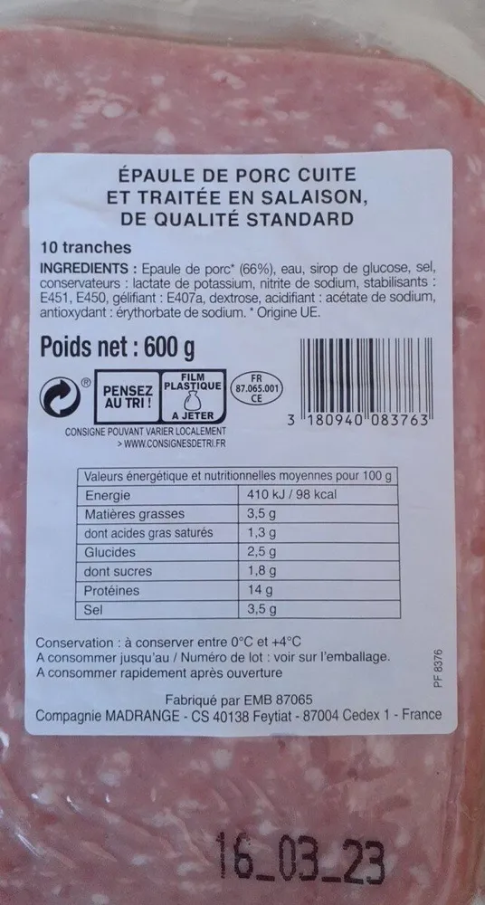 Épouse de porc cuite et traitée  en salaison