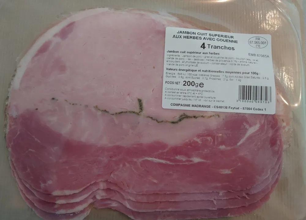 Jambon cuit supérieur aux herbes avec couenne